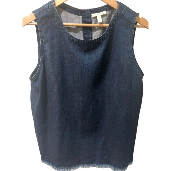 Eileen Fisher XL Dark Wash Denim Sleeveless Top W/ Frayed Hem & Button Back - Picture 1 of 5